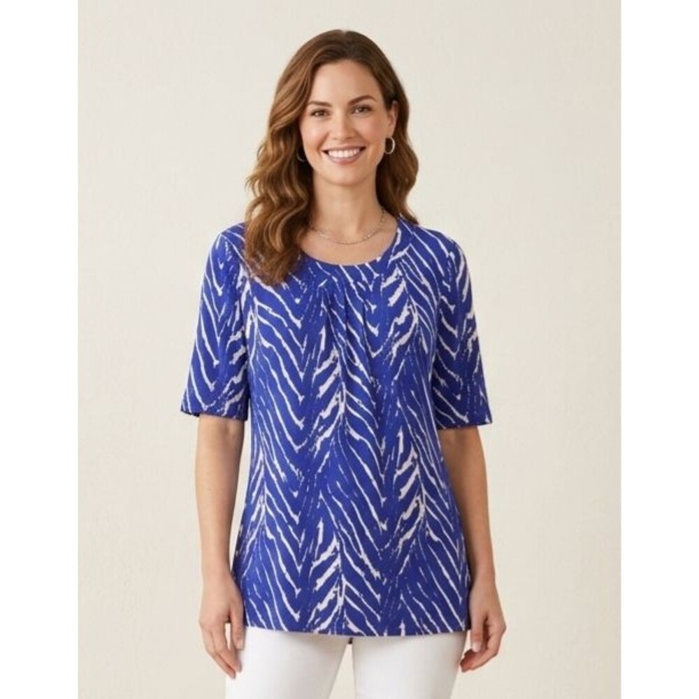 Susan Graver Liquid Knit Tunic Top L Animal Print Elbow Sleeve Stretch Blue NWOT